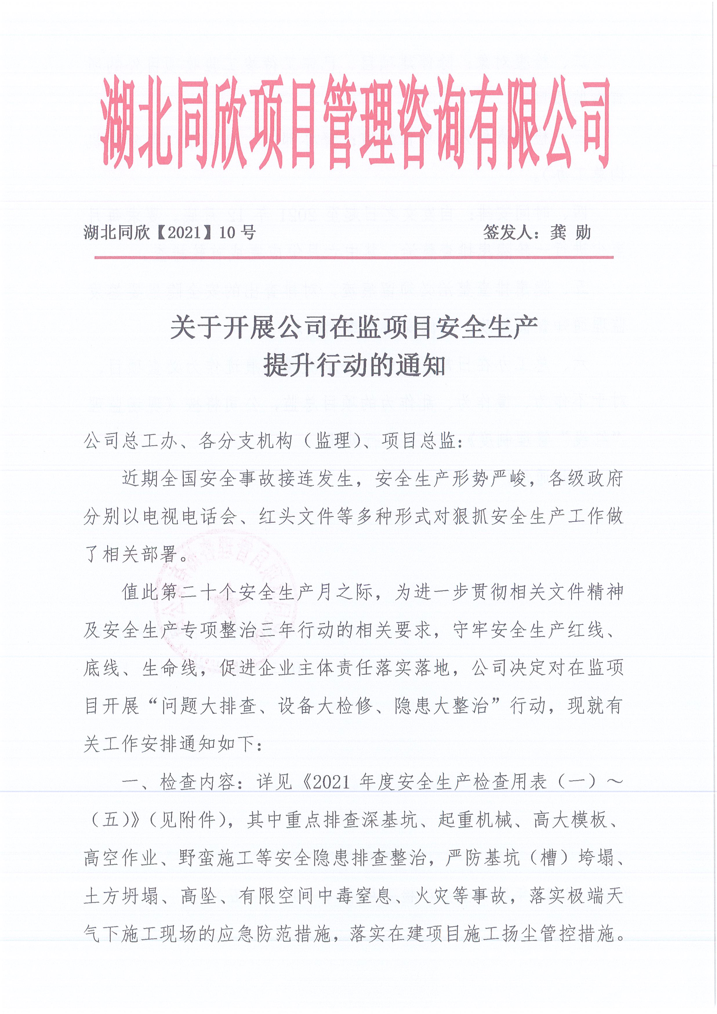 湖北CC宝[2021]10号关于开展公司在监项目清静生产提升行动的通知1